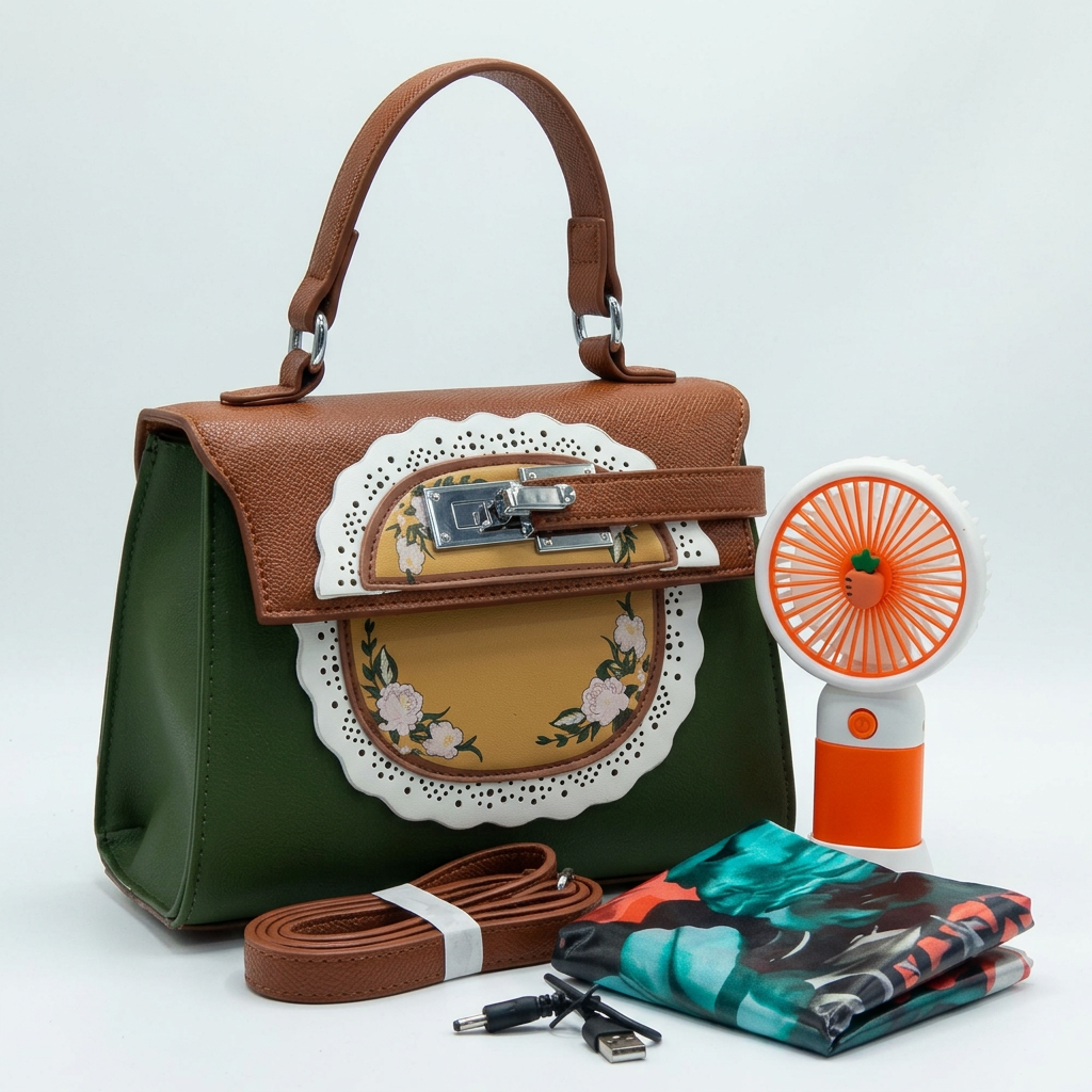 Forest-green floral handbag, mini fan, brown strap, patterned scarf and cable on white