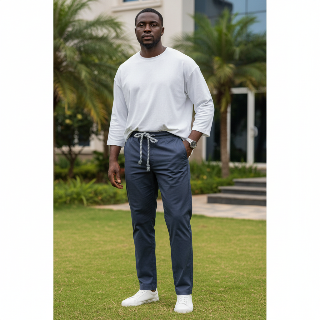 Nigerian male model wearing dark blue drawstring trousers in outdoor setting