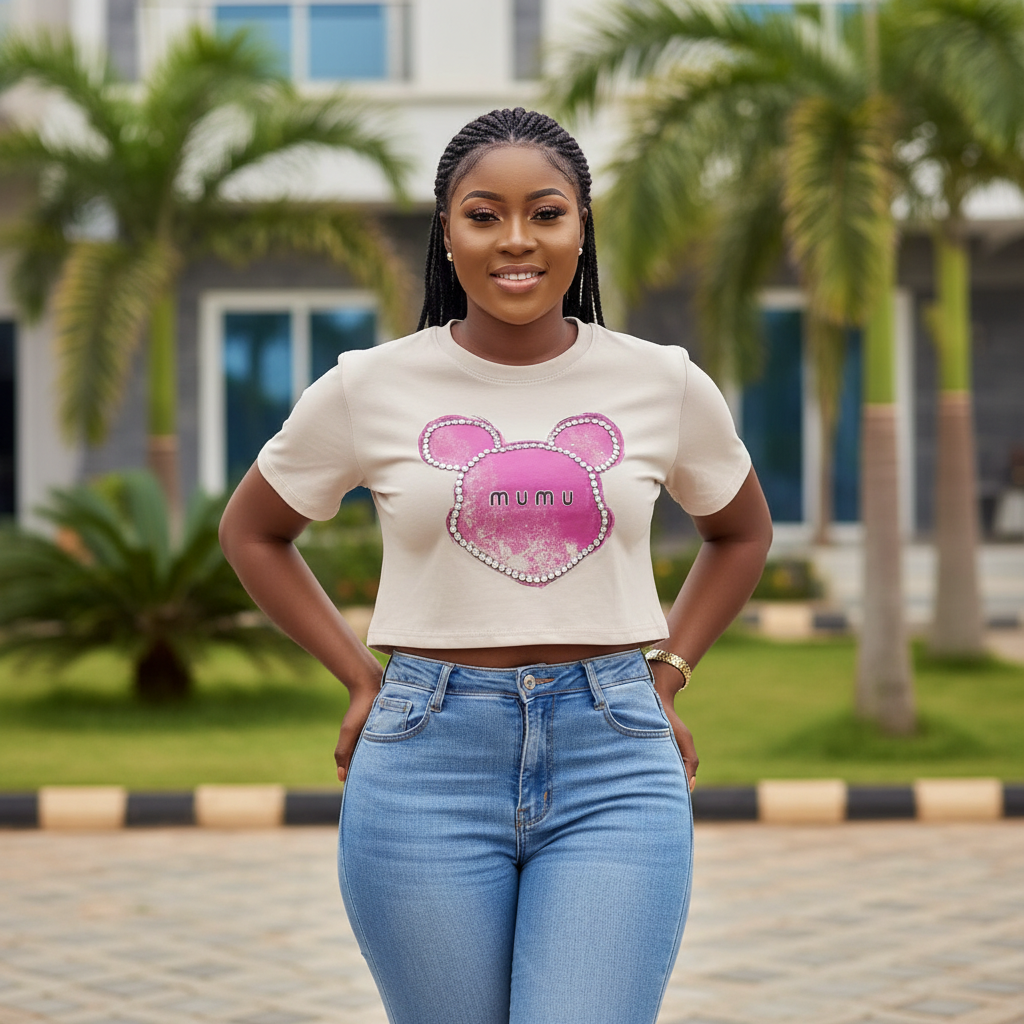 Women's beige rhinestone bear graphic crop top - female model shot