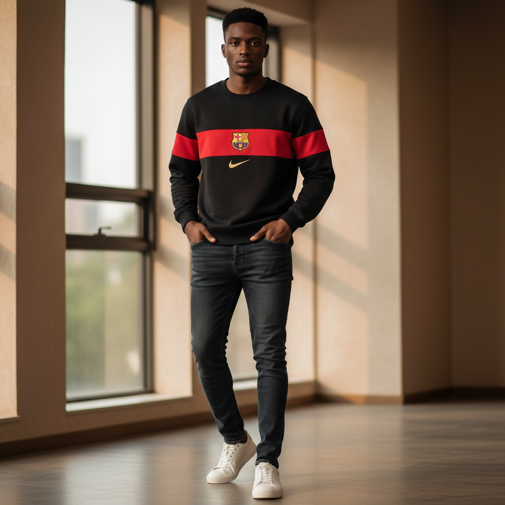 FC Barcelona Black Red Stripe Crew-Neck Sweatshirt – Model Shot