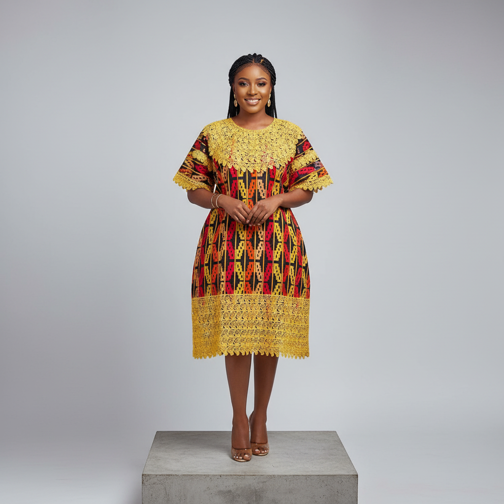 Nigerian female model wearing black base African print bubu top with gold crochet lace yoke and hem