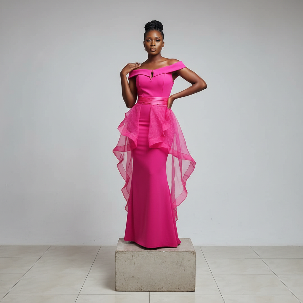 Fuchsia Off-Shoulder Organza Ruffle Maxi Gown - Model Shot