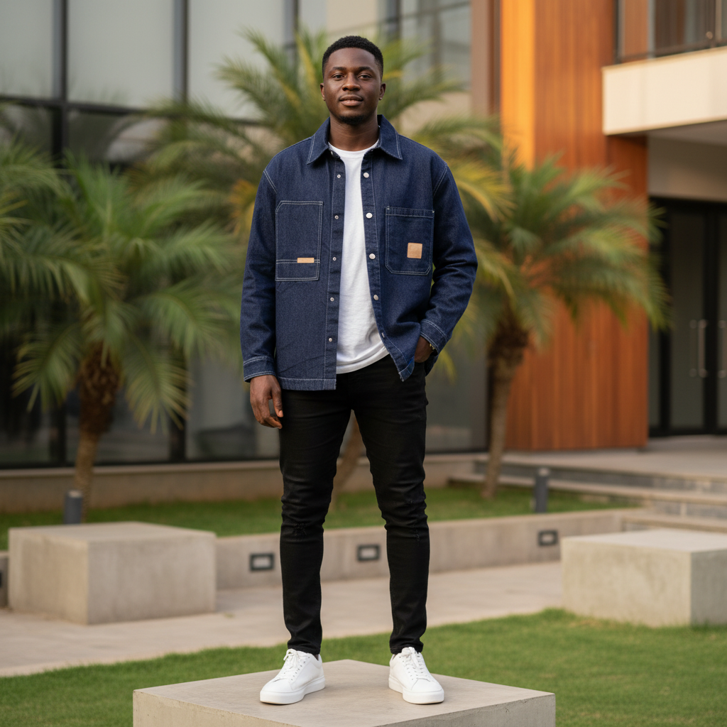 Nigerian male model wearing raw indigo denim work shirt jacket with contrast stitching — full body street style