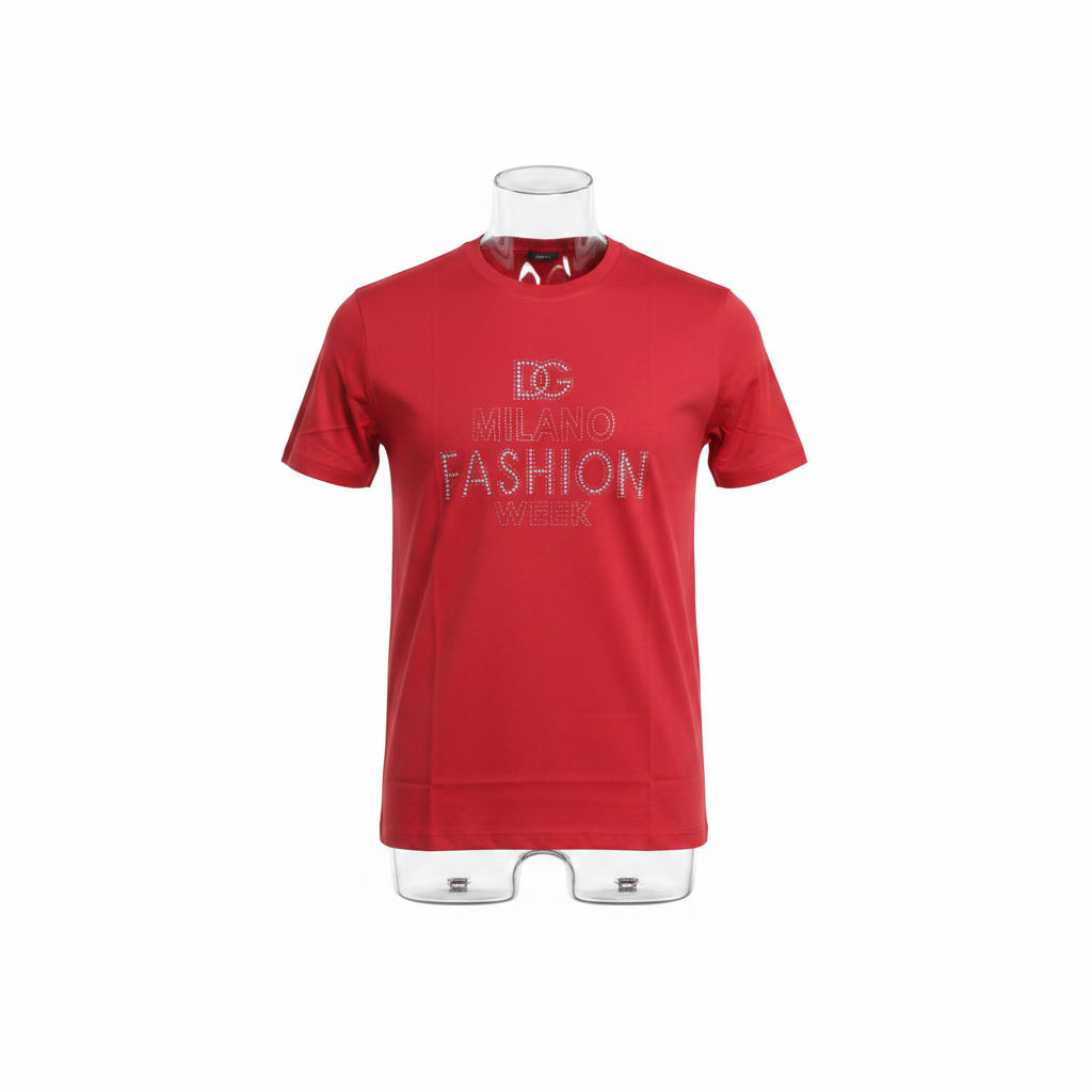 Ghost mannequin front view of red rhinestone fashion text T-shirt