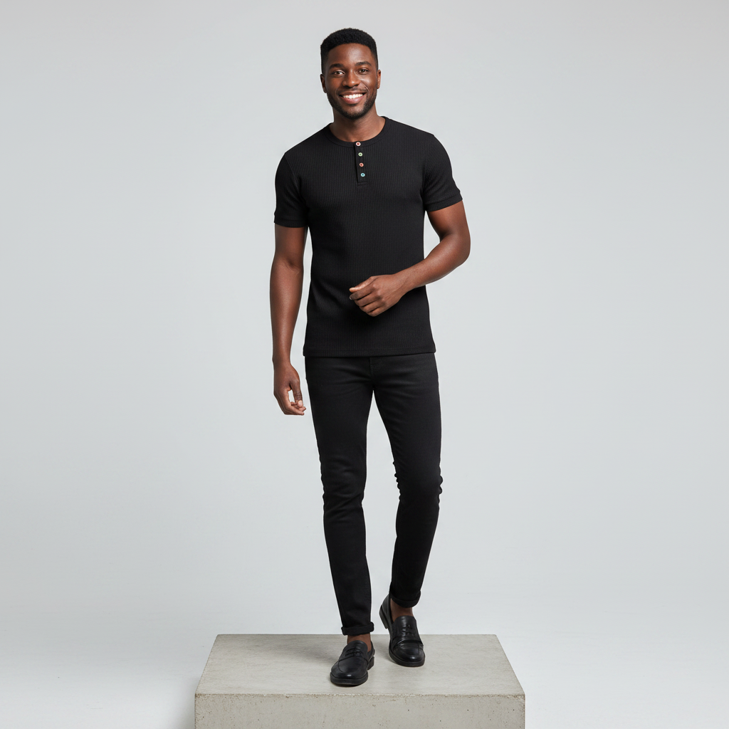 Black Ribbed Henley Short-Sleeve Shirt - Model Front