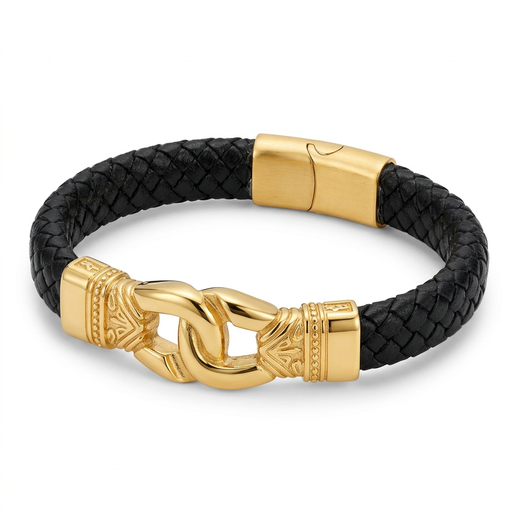 Black braided bracelet with ornate gold-tone interlocking links on white