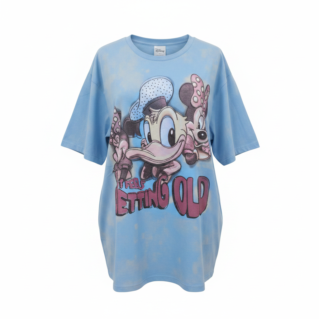 Women's sky blue cartoon rhinestone oversized tee - ghost mannequin front view
