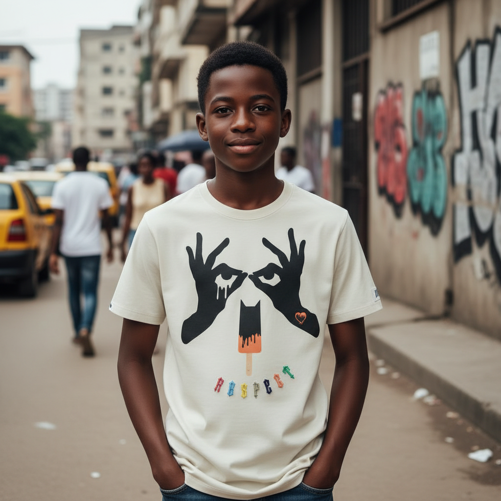 Young Nigerian boy wearing Respect Graphic Tee