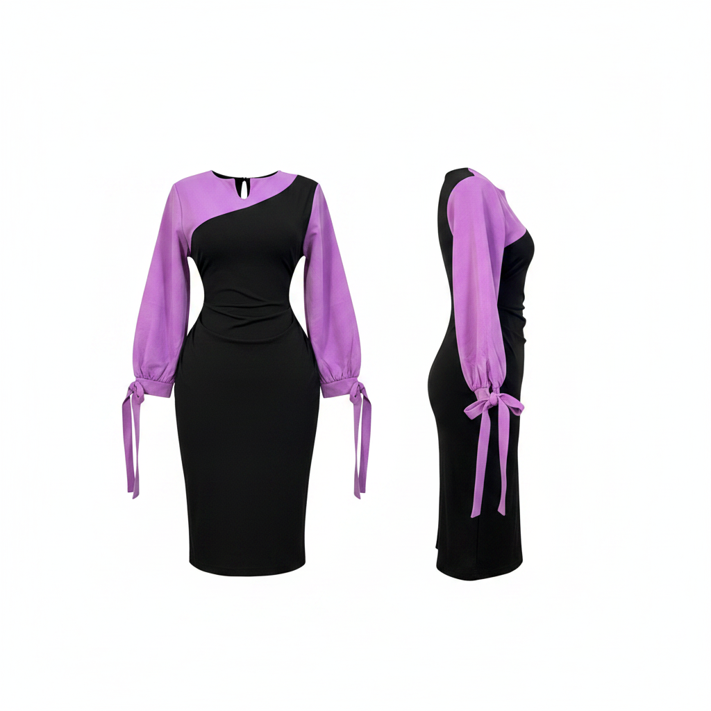 Women's Black & Purple Colour-Block Bishop Sleeve Midi Dress – Ghost Mannequin Front and Side View