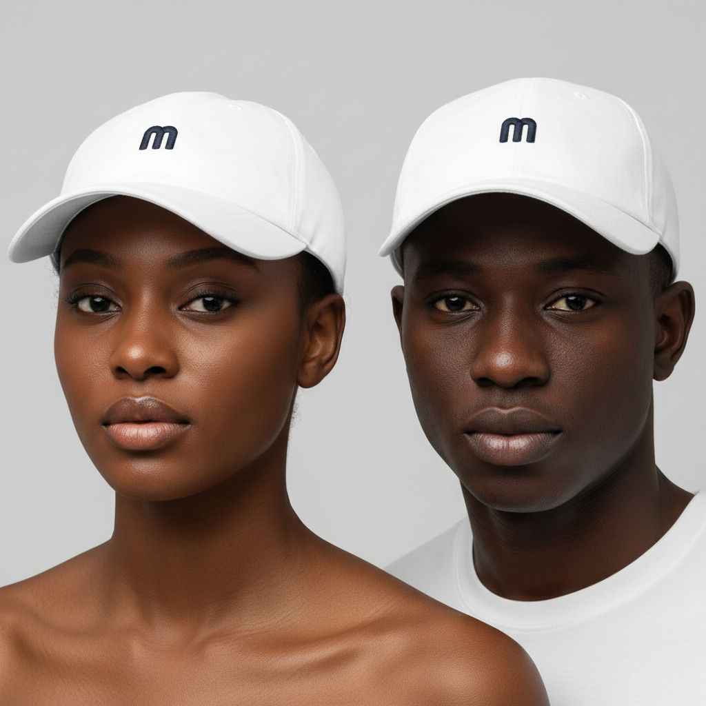 Nigerian female and male models wearing white minimalist letter m baseball cap