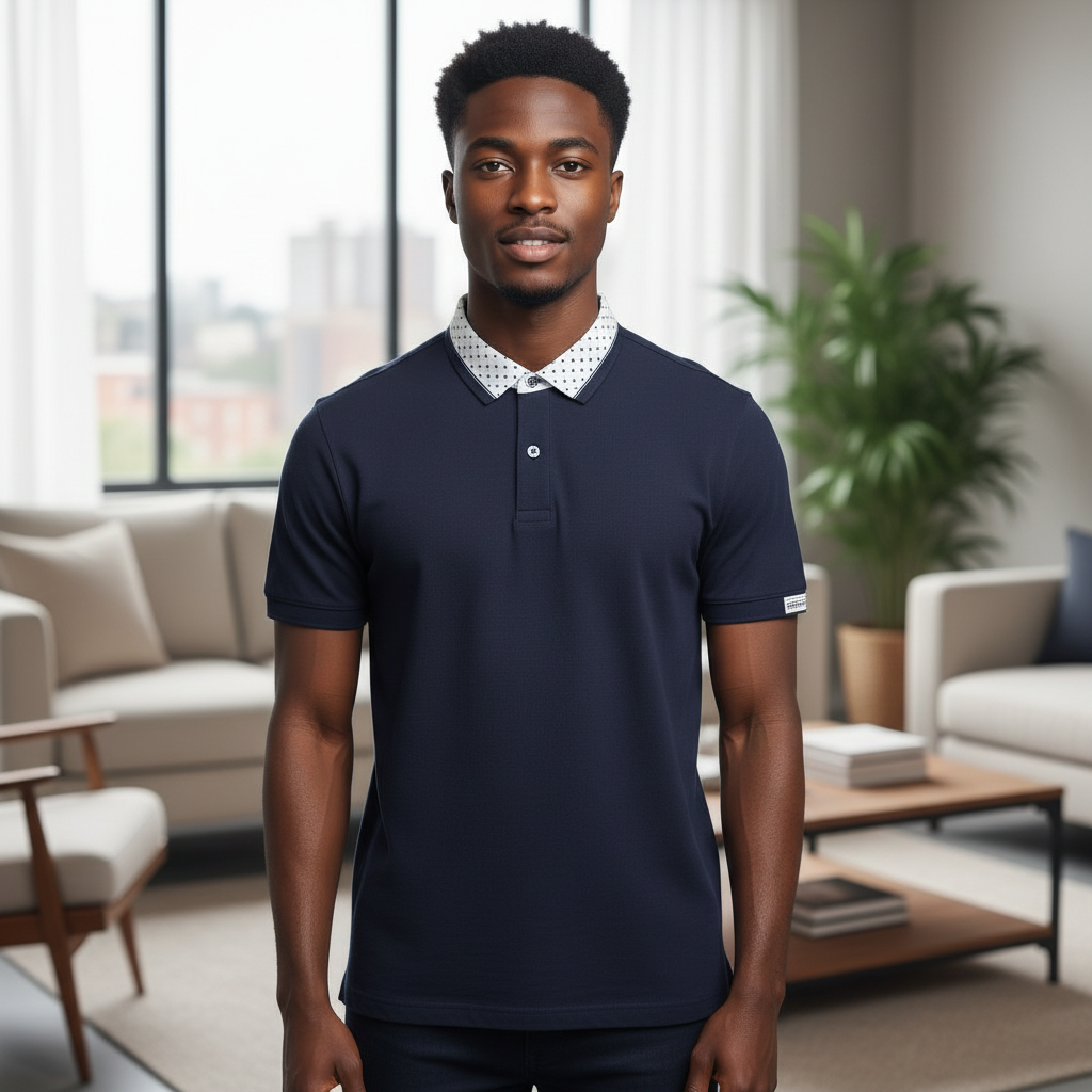 Young Nigerian male model wearing navy polka dot collar polo shirt, front view