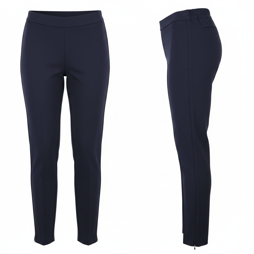 Navy blue slim tapered ankle-zip trousers ghost mannequin front and side view