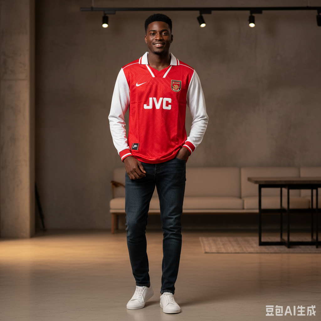 Red & White Retro Long Sleeve Home Jersey – Model Shot