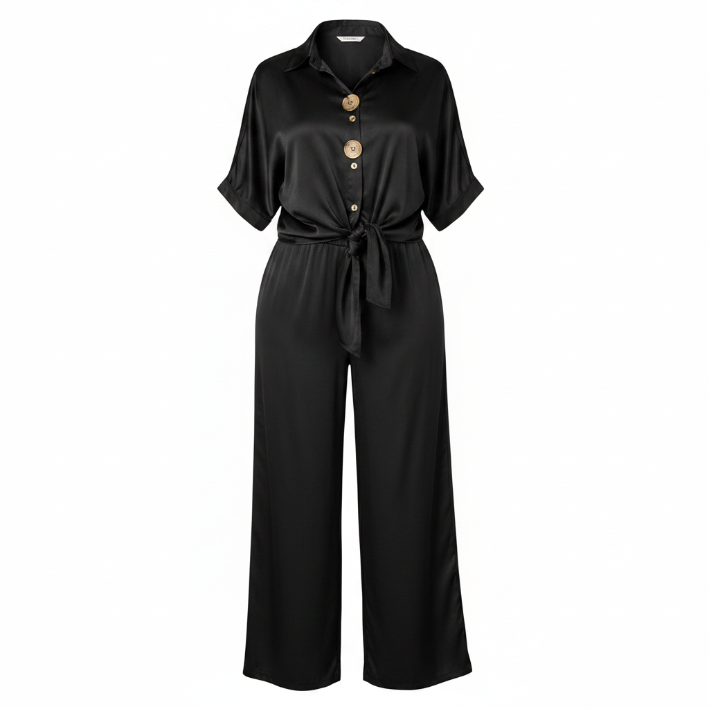 Women's black tie-front shirt and wide-leg trouser co-ord set – ghost mannequin view