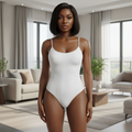 White Ribbed Spaghetti Strap Bodysuit - Front Model