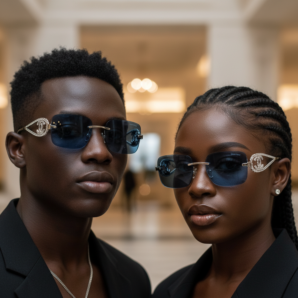 Nigerian male and female models wearing blue lens rimless square sunglasses with silver chain arms