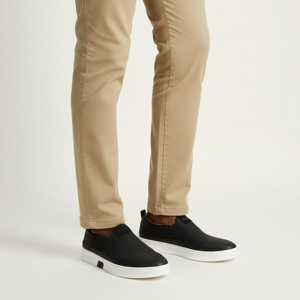 Black leather slip-on sneakers with white sole worn with beige chinos