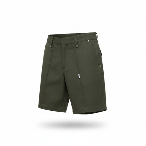 Unisex utility shorts in olive green – ghost mannequin view