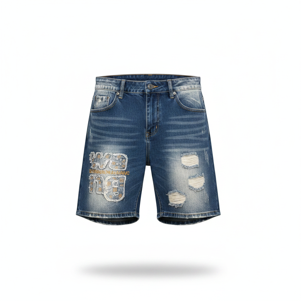 Blue distressed denim shorts with crystal applique lettering on a white background