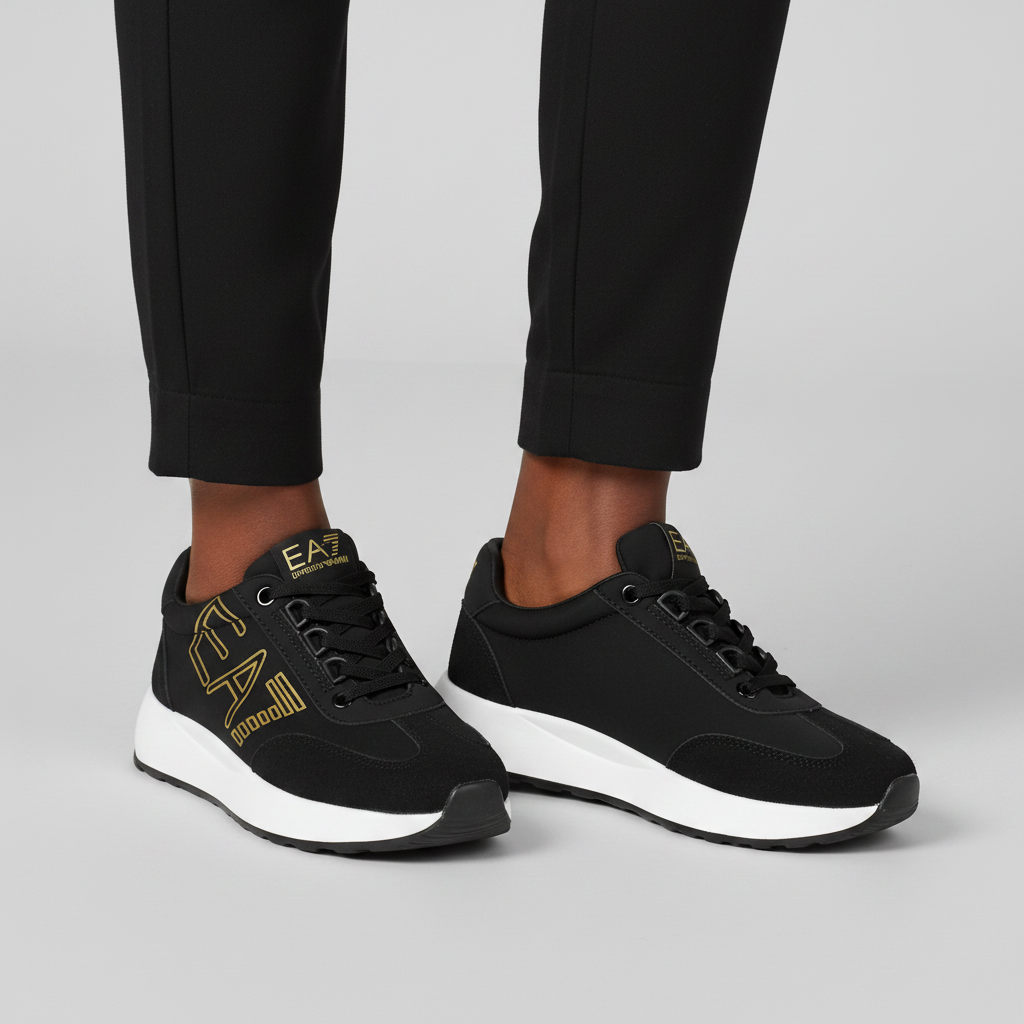 Kids' Black Gold-Print Lace-Up Sneaker - Model Editorial Leg Zoom