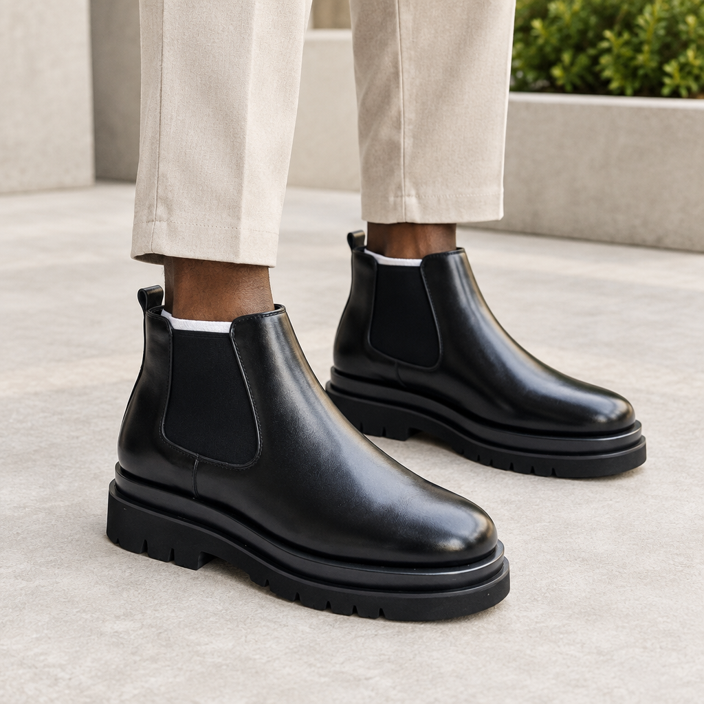 Black model wearing black men's Chelsea ankle boots