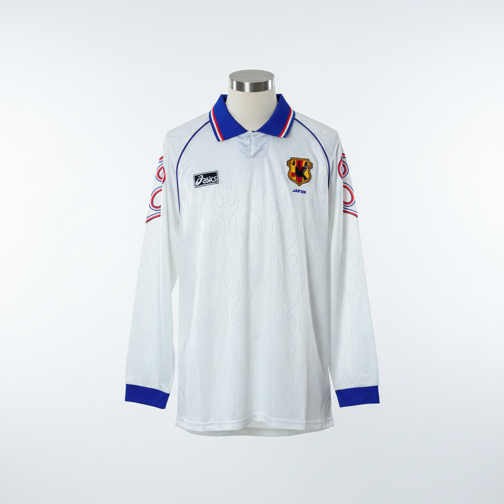 White long-sleeve retro football jersey with blue polo collar and red flame detail, ghost mannequin front view