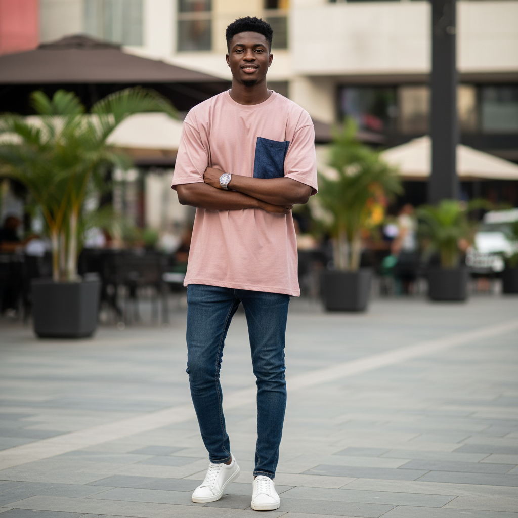 Blush Pink Denim Pocket T-Shirt – Model Shot
