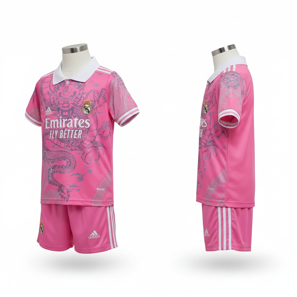 Kids pink dragon print football jersey and shorts set ghost mannequin front and side view