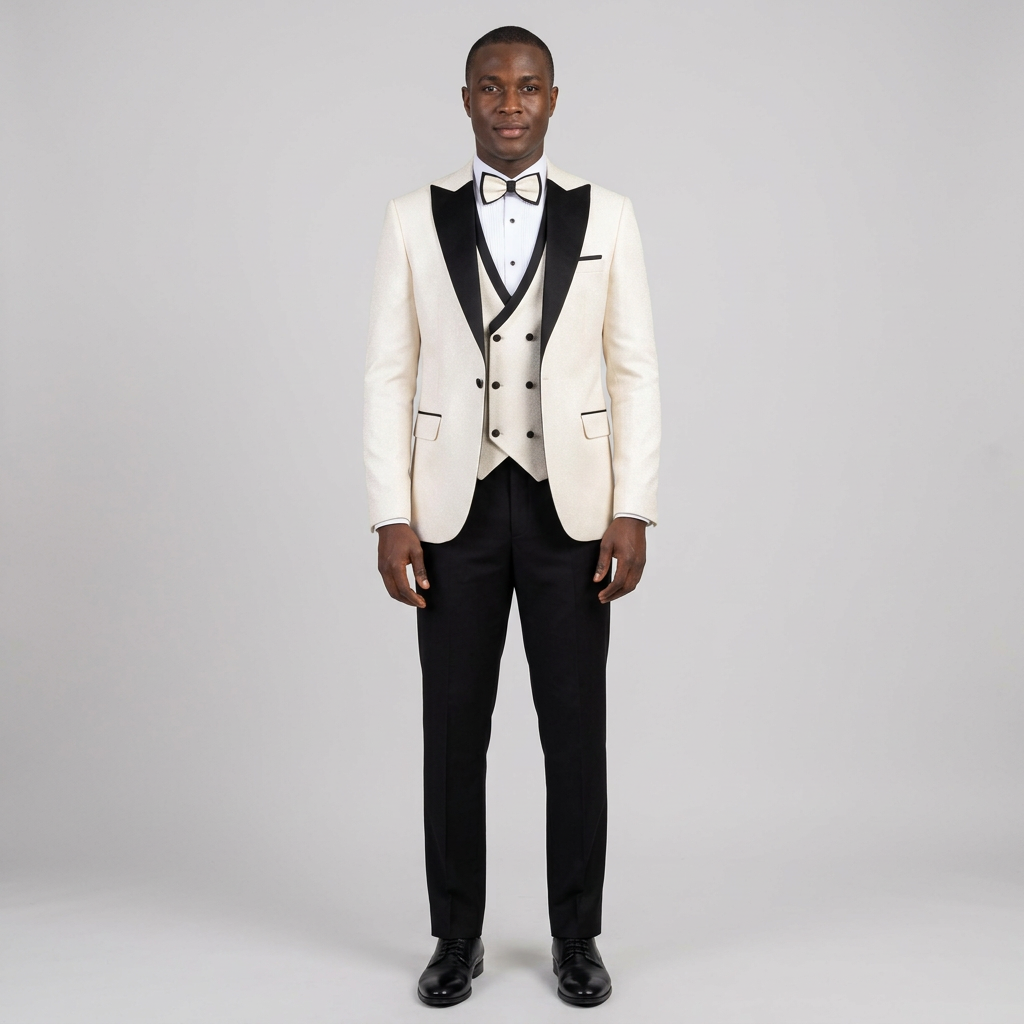 Full-body Black adult model wearing an ivory formal suit with black peak lapels and black trousers