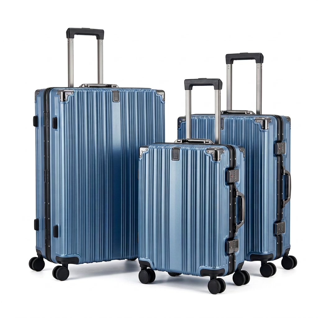 Three metallic blue ribbed suitcases with silver-tone corners on white