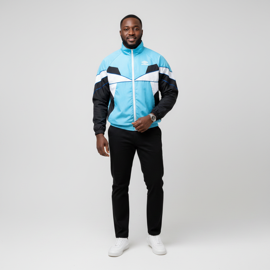 Model wearing the light blue and black colourblock track jacket