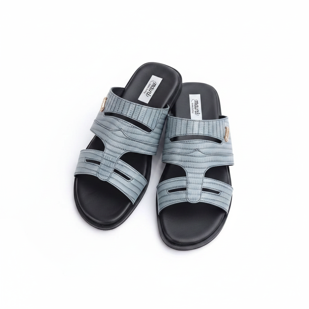 Men's denim blue ribbed leather double-strap flat slide sandals ghost mannequin pair view