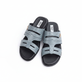 Men's denim blue ribbed leather double-strap flat slide sandals ghost mannequin pair view