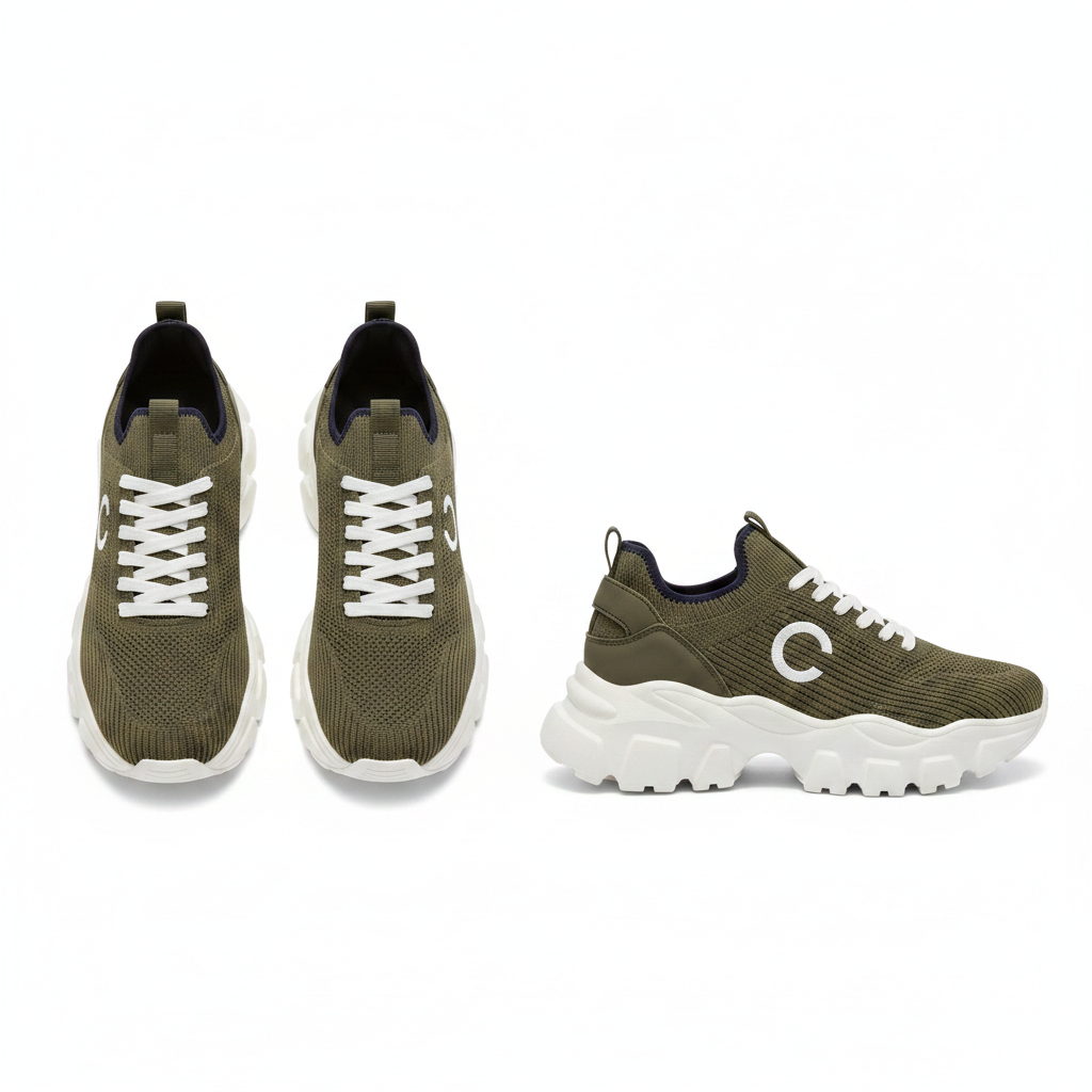 Men's olive green ribbed knit chunky lace-up runner sneaker ghost mannequin front and side view pair