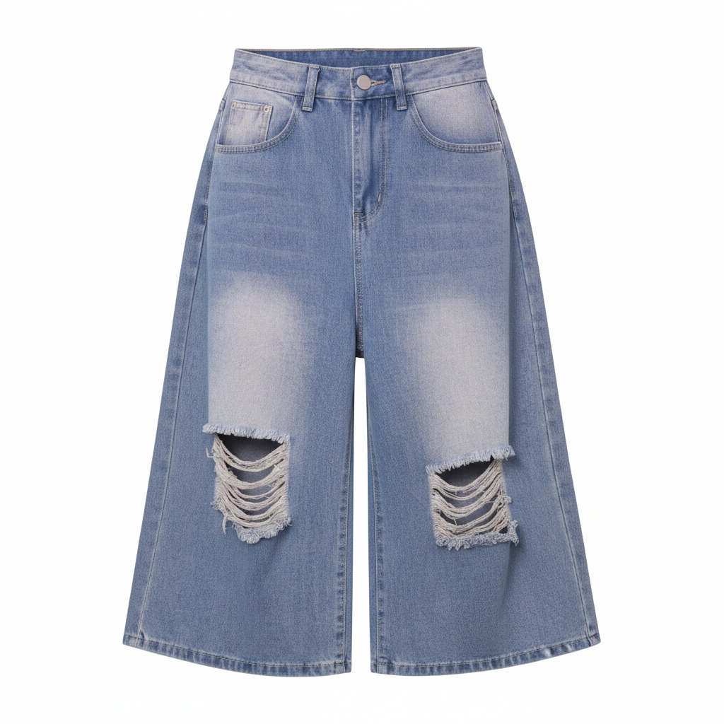 Blue Purple Distressed Wide-Leg Denim Shorts - Ghost Mannequin Front