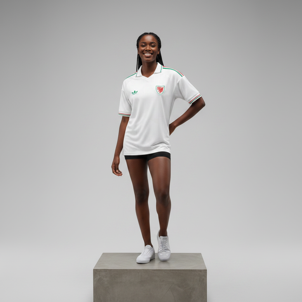 Nigerian female model wearing white retro polo football jersey on concrete plinth