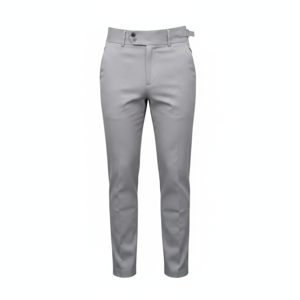 Ghost mannequin front view of light grey slim fit chino trousers with side buckle waist