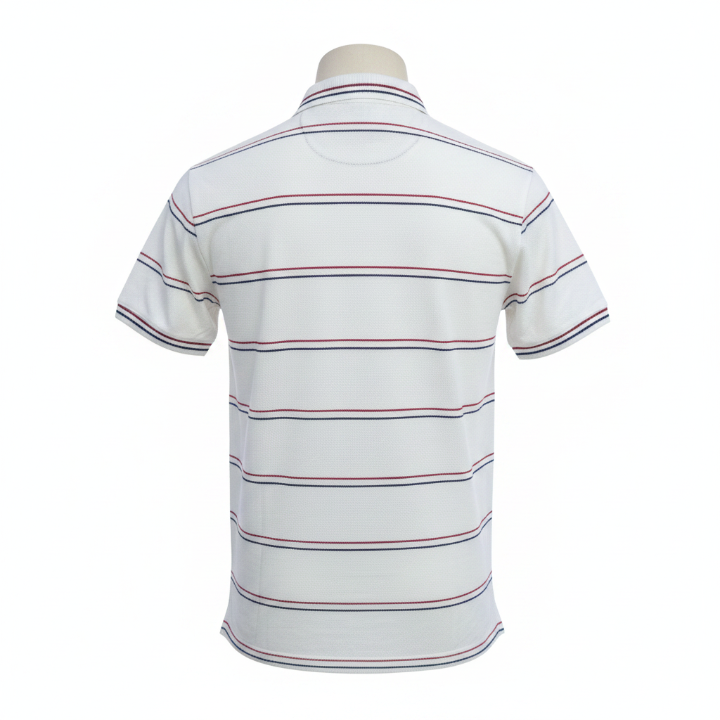 Men's white navy red all-over stripe short-sleeve polo shirt - ghost mannequin back view