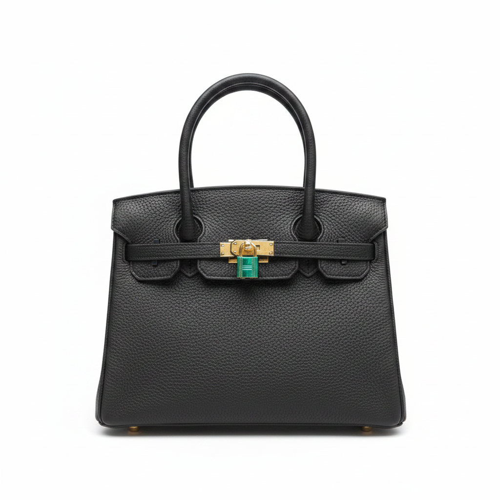 Ghost mannequin view of black pebbled leather structured tote bag with gold hardware and padlock clasp