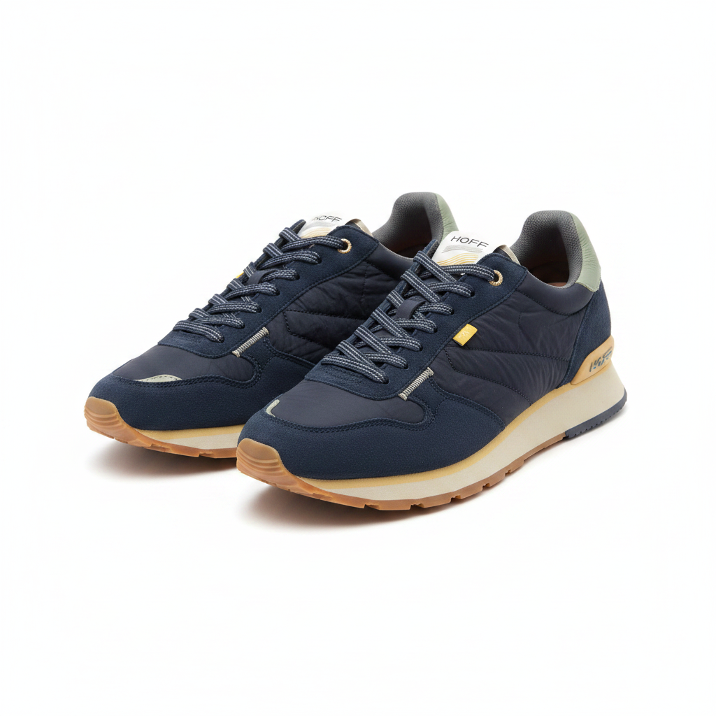 Men's navy blue retro runner sneakers ghost mannequin front view