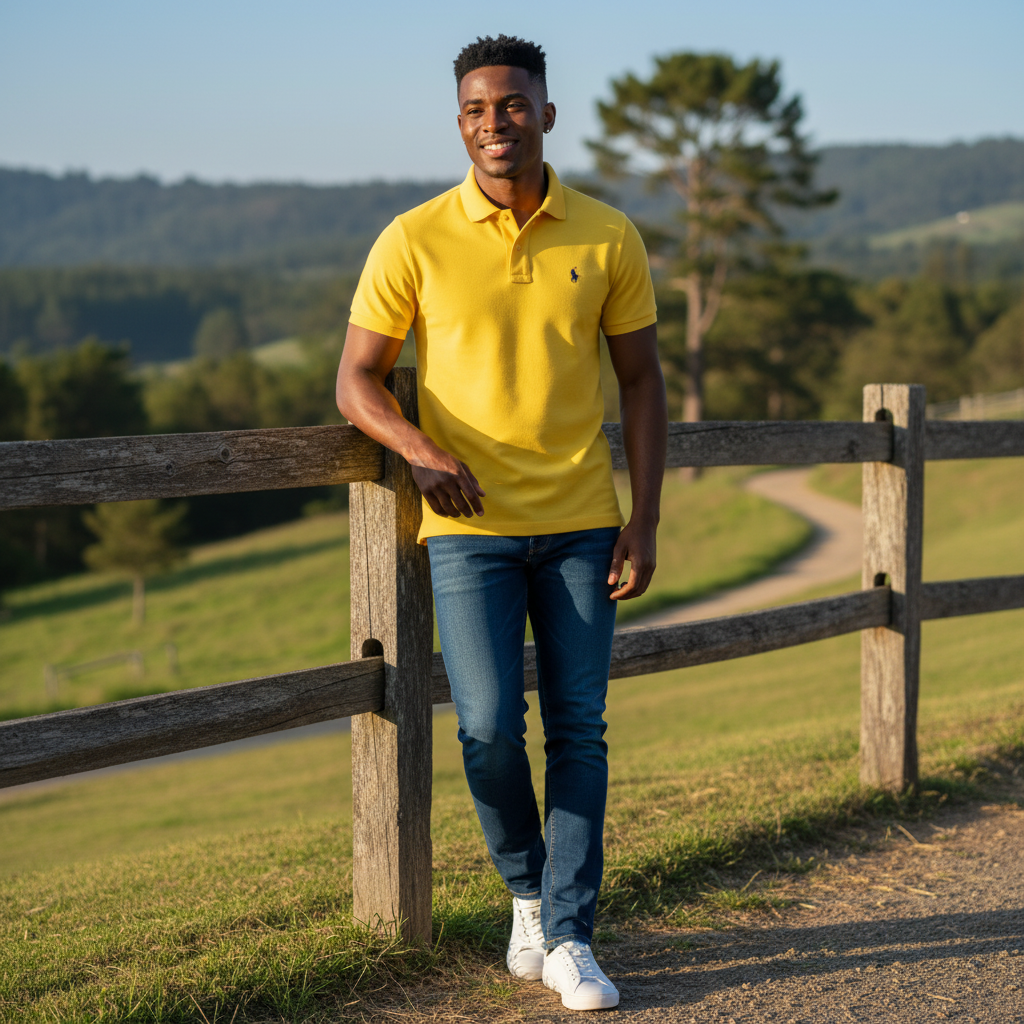 Nigerian model wearing Premium Ralph Yellow Pique Polo Shirt