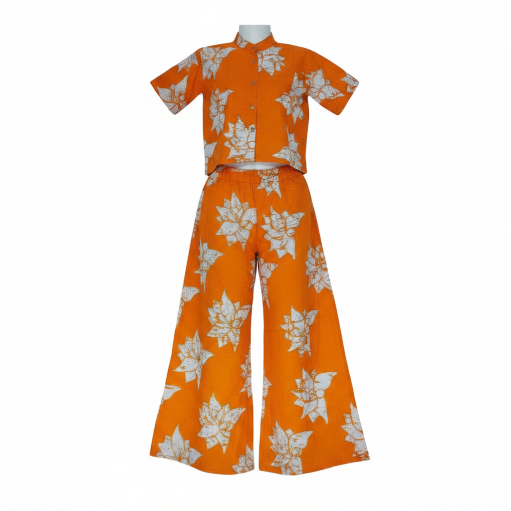 Ghost mannequin view of Orange Adire Floral Shirt and Trouser Set