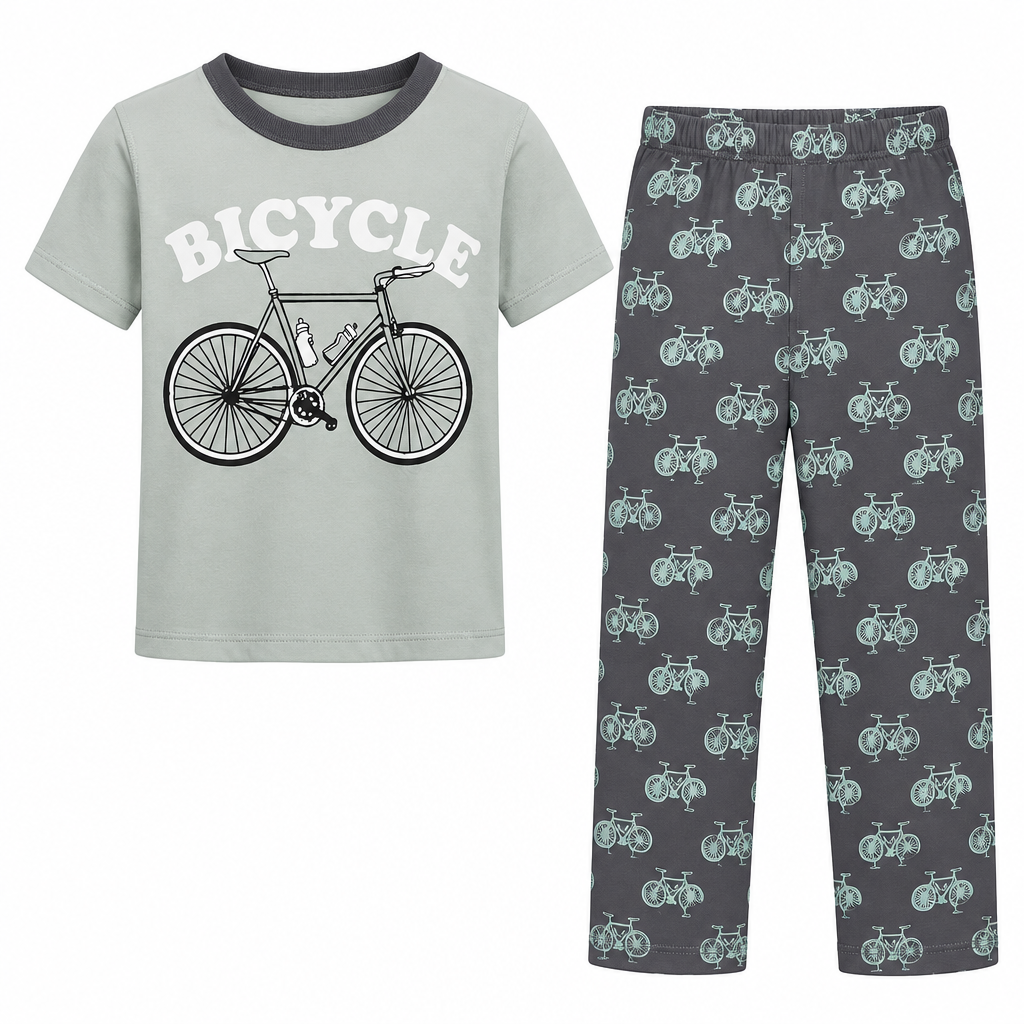 Children's sage and charcoal bicycle-print pyjama top and trousers on white