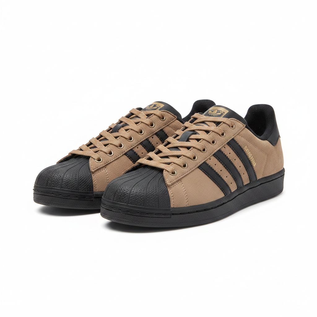 Men's tan brown suede shell-toe sneakers with black stripes ghost mannequin front view