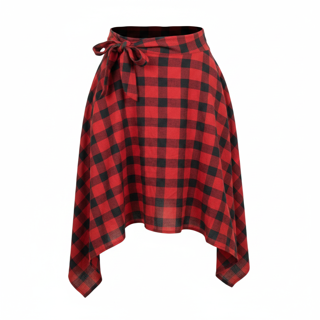Red and black plaid wrap skirt with tie waist and asymmetric hem, ghost mannequin