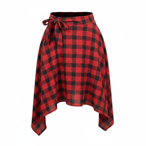 Red and black plaid wrap skirt with tie waist and asymmetric hem, ghost mannequin