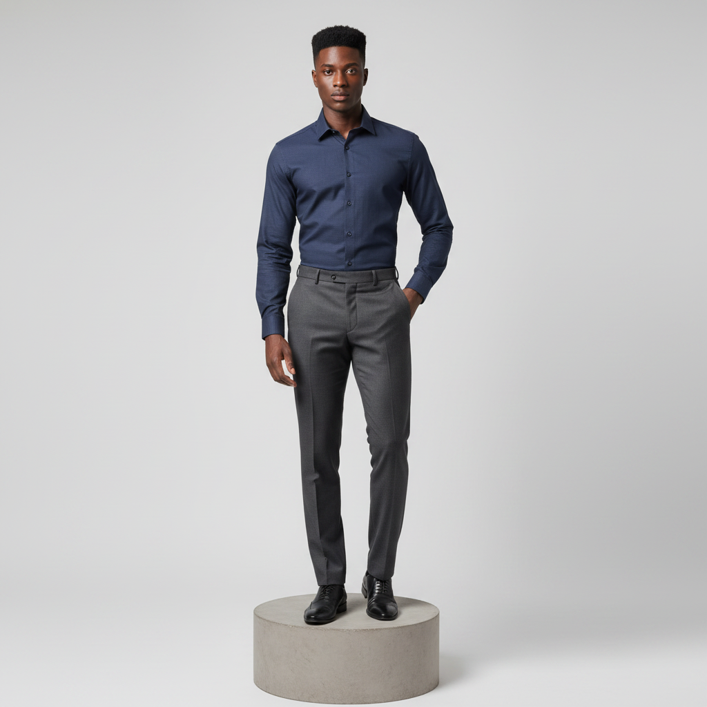 Nigerian male model wearing navy blue long-sleeved shirt, front view