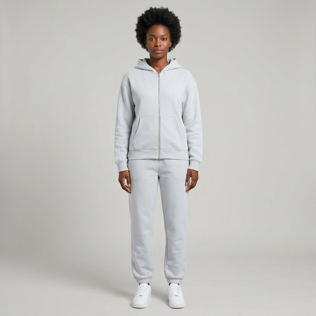 Full-body Black adult model wearing a light grey hoodie and jogger set