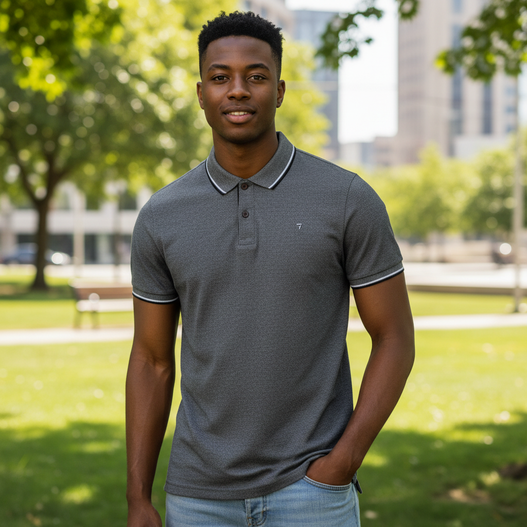 Charcoal Grey Tipped Polo Shirt on Nigerian male model
