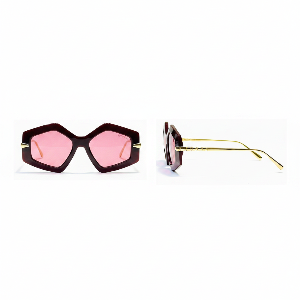 Geometric Hexagonal Sunglasses Burgundy Pink – Ghost Mannequin Front and Side View